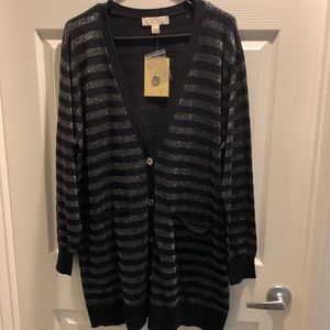 Michael kors women long sleeve V neck cardigan sweater NWT SZ ox black/ sliver